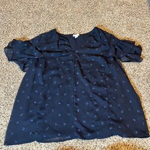 Ava & Viv Navy Blue Printed Flutter Sleeve V Neck Blouse Plus Size 2X